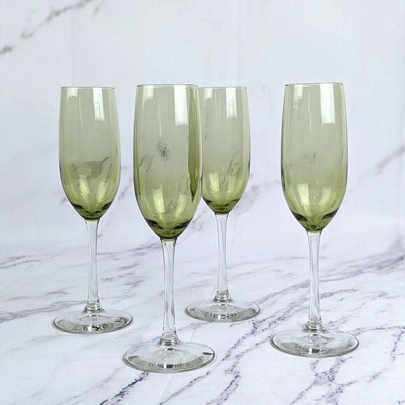 Vintage 70s Avocado Green Large Champagne Flute Glasses 9" Set of 4 - Picture 1 of 5
